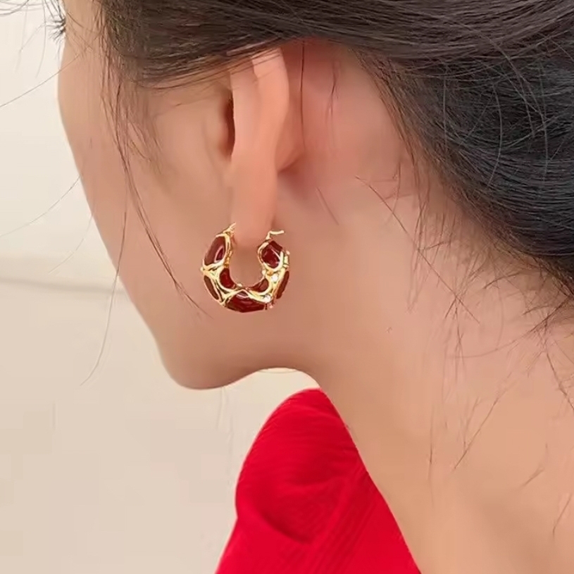 Elegant Red And Gold Hoop Earrings